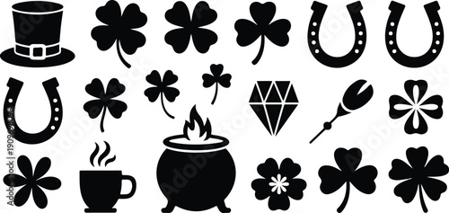 A black and white silhouette illustration of St. Patrick's Day and Irish symbols arranged in a grid pattern