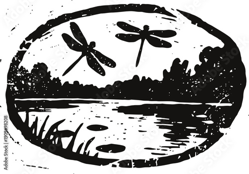Black and white nature scene with dragonflies flying over a pond and surrounding trees