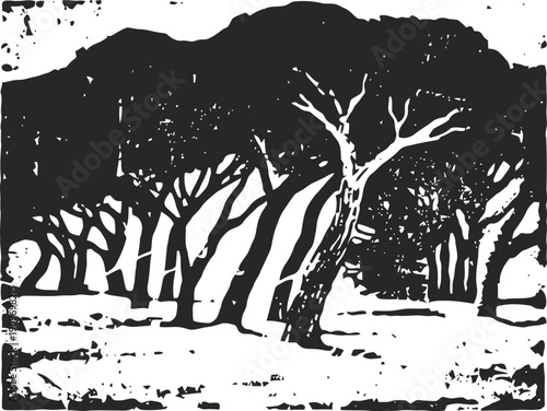 Monochrome abstract forest scene with twisted trees and textured ground