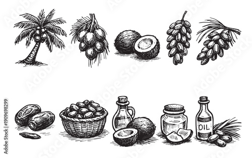 Black and white illustration featuring coconut, dates, and palm trees. Perfect for packaging design, food blogs, organic product promotion, and tropical themes.