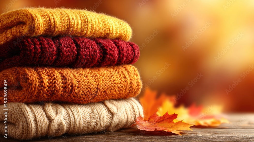 Fototapeta premium Stack of warmly colored knitted garments rests beside scattered autumn foliage under bright light