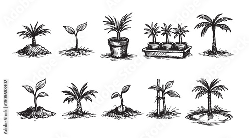 Hand-drawn plant icons featuring young sprouts, small trees, and palms. Vector illustration, isolated on white. Great for ecological, botanical, or design projects.