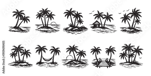 Collection of vector sketches with tropical island themes. Palm trees, sunsets, hammocks, huts and docks are represented in black and white. Great for design projects.