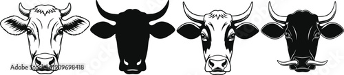 Vector illustration of cow heads in black-and-white stylized design with varied horns, markings, and symmetry for agriculture and education