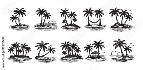 Black and white vector illustration of tropical island silhouettes with palm trees. Perfect for summer vacation, travel, logo, or design elements.