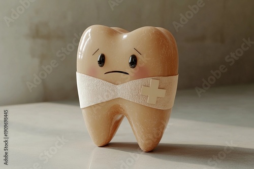 Illustration of a tooth with bandage looking sad