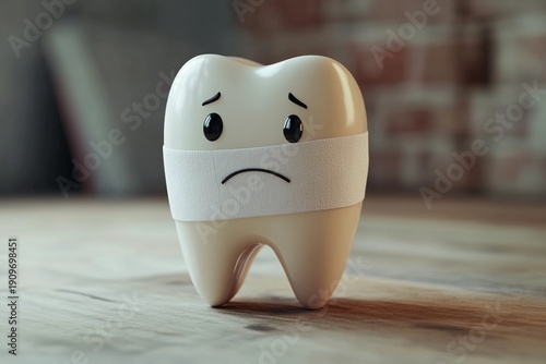 Illustration of a tooth with bandage looking sad