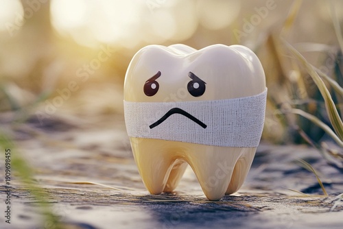 Cartoon tooth with bandage appearing sad and hurt
