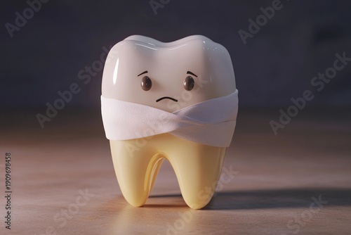 Cartoon tooth with bandage appearing sad and hurt