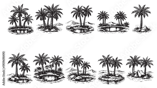 A set of hand-drawn palm tree islands in a vector format. Black and white design is perfect for logo, branding, and summer vacation themes.