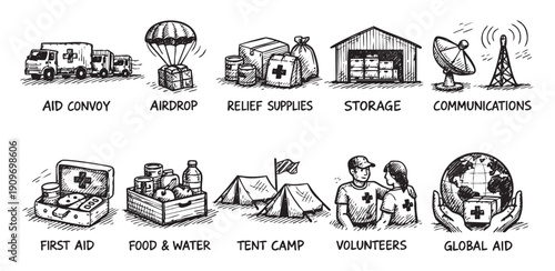 Hand-drawn illustration of icons representing humanitarian aid and disaster relief. Includes aid convoy, airdrop, relief supplies, and volunteers. Good for infographics or explaining concepts.