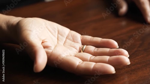 Wallpaper Mural A hand, ringed, rests on a wood surface, the other hand is visible Torontodigital.ca