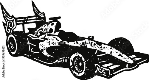 black and white ink drawing of a race car with detailed aerodynamic features and stylized design