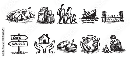 Hand-drawn sketch depicting various aspects of the refugee crisis. Includes: refugee camp, family, shipwreck, fence, safe/danger signs, home, food, world travel, and refugee by fire.