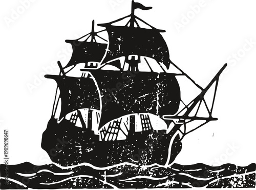 Vintage sailing ship silhouette with raised sails on ocean waves black vector