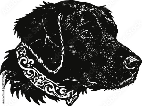Black dog head profile with patterned collar, detailed pet portrait illustration