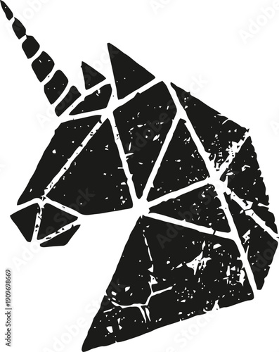 Geometric unicorn head silhouette with distressed texture in black and white