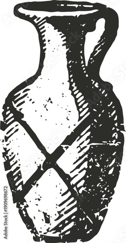 ancient ceramic vase illustration with narrow neck and decorative patterns, vintage pottery design