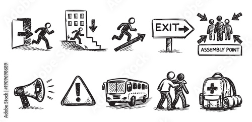 Black and white hand-drawn style icons about safety and evacuation. Includes exit signs, assembly point, bus, first aid kit and helping others.