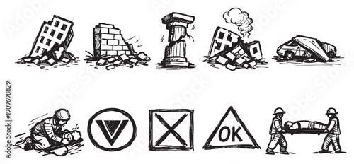 Hand-drawn illustration showing buildings and cars destroyed in disaster, rescue worker aiding victim, stretcher carrying, search symbols. Useful for news, reportage, emergency response designs.