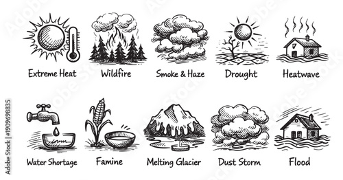 Graphic illustration with hand-drawn icons representing global warming dangers: wildfire, drought, flood, heatwave, famine. Useful for environmental articles, climate reports, presentations.