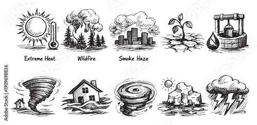Hand-drawn illustration of natural disasters including heat, wildfire, smoke haze, drought, flood, and storms. Use for environmental, climate change, or weather concepts.