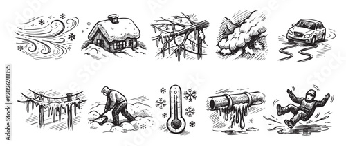 Black and white winter themed vector illustrations set, including snow, wind, house, car, shovel, thermometer, icicles and slipping person. Use for weather and season graphics.