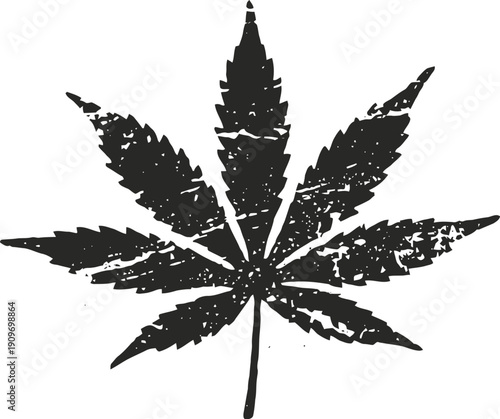 Grunge cannabis leaf silhouette dark textured hemp plant symbol isolated on white
