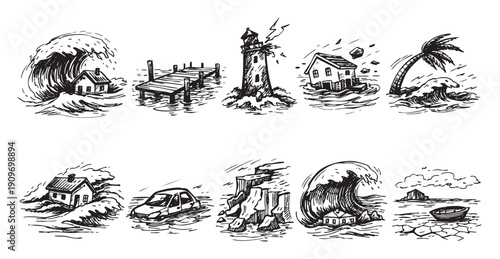 A set of hand-drawn illustrations depicting various natural disasters. Use for concepts related to climate change, weather events, and environmental concerns.