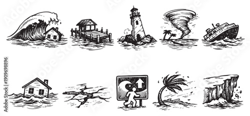 Illustration icons showing various natural disasters. Depicts a tsunami, house flooding, hurricane, cracked earth, coastal damage. Great for crisis planning, education, and awareness campaigns.