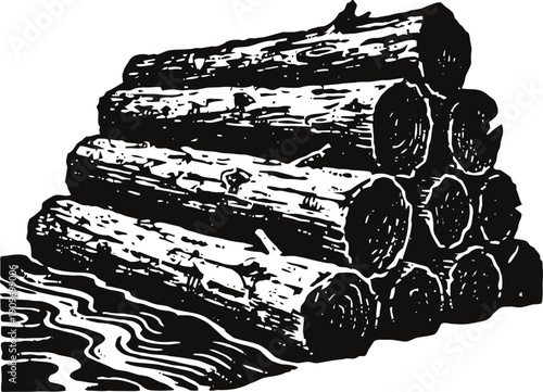 Stacked wooden logs pile with bark texture, natural firewood timber for construction or burning
