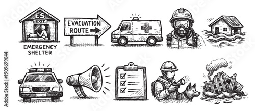 Hand-drawn vector icons depicting emergency situations and rescue efforts. Features shelter, evacuation route, ambulance, and emergency personnel.