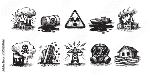 Hand-drawn style vector illustration featuring various environmental disasters. Useful for illustrating topics like pollution, climate change, safety, and global issues.