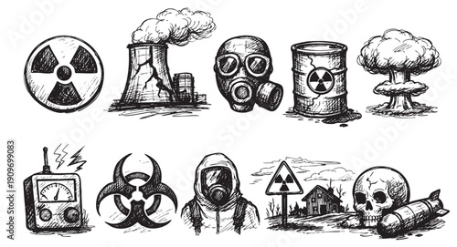 A set of sketch style illustrations about nuclear, biological and chemical hazards. Great for illustrating danger, post-apocalyptic, and doomsday scenarios.