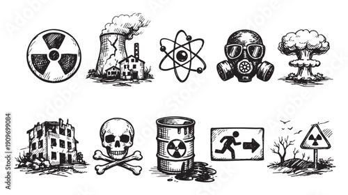 Hand-drawn monochrome icons depicting nuclear disaster. Includes power plant, radiation symbol, skull, barrel, gas mask and more. Use for apocalyptic themes, environmental warnings, and science.