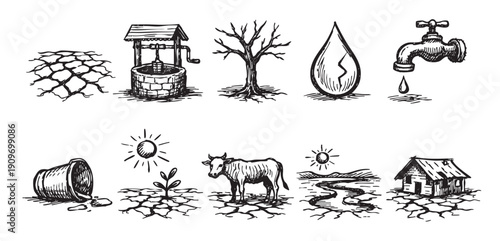 Black and white sketch illustration depicting drought conditions. Includes cracked earth, water well, barren tree, water drop, faucet, dead plant, cow, dry river, and abandoned house.
