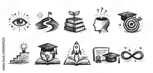 Hand-drawn vector icon set featuring education, goals, and success concepts. Use for school projects, infographics, web design, and presentations about learning and achievement.