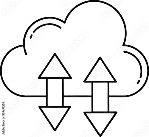 Cloud Data Synchronization Icon Vector Illustration: Outline Design for Upload, Download, and Bi-directional Data Exchange in Modern Computing and Network Technology UI/UX
