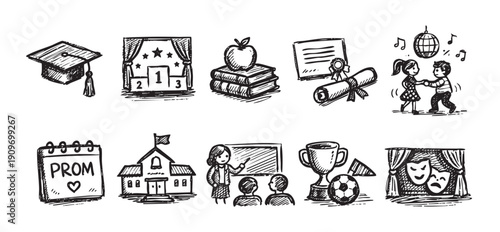 Hand-drawn style illustration of school life icons including graduation, academics, sports, prom, and drama.  Perfect for educational materials, back to school promotions, or school event announcement