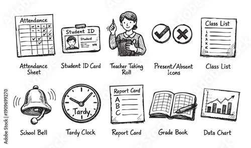 Hand-drawn style illustration of various back to school themed items: attendance, ID, teacher, bell, clock, report card, gradebook, charts. Suitable for educational or school-related designs.