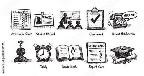 Hand-drawn illustration featuring school-related icons, including attendance sheet, ID card, class, checkmark, absent notification, tardy, grade book, report card, and graduation cap.