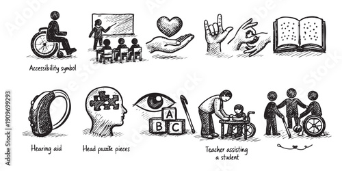 Hand-drawn sketch icons representing diversity, inclusion, accessibility. Symbols for handicap access, special needs education, hearing aid, puzzle mind, Braille, teacher with student, social inclusio