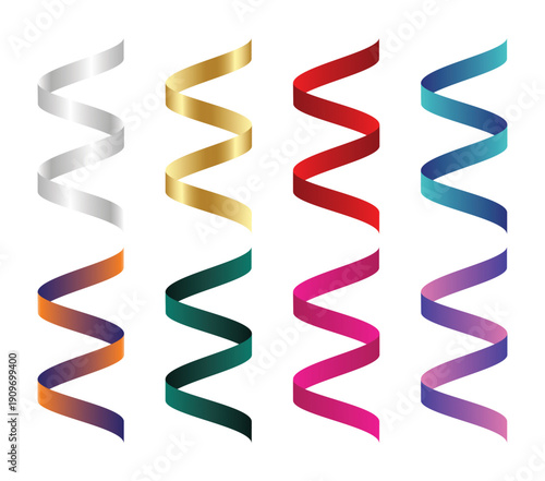 Set of Eight Colorful Twisted Confetti Streamers and Party Ribbons