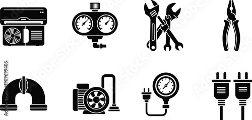 Industrial HVAC and plumbing icon set with air conditioner unit, pressure gauges, wrenches, pliers, pipes, pump, and electrical power plugs.