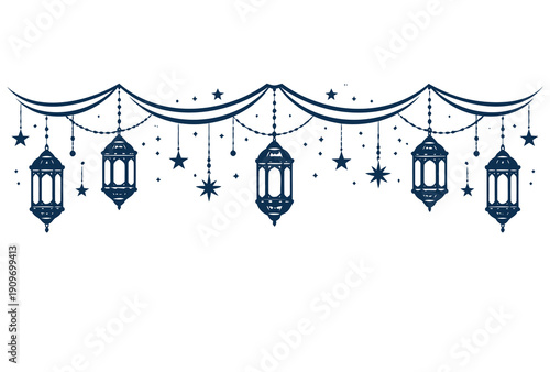 Elegant lanterns hanging with decorative stars and swirling garlands in a festive design