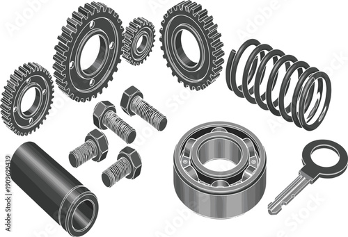 Industrial mechanical hardware set featuring 3D gears, bolts, compression spring, ball bearing, and a technical key for engineering and maintenance.