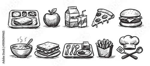 Hand-drawn style illustrations of school lunch items. Features an apple, milk, sandwich, burger, soup, pizza, fries, and chef's hat. Good for menus, school events.