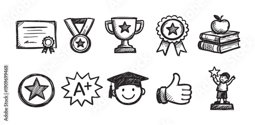 Black and white doodle illustration of school achievement icons. Contains certificate, medal, books, A+, graduate, trophy and more. Can be used for education or achievement related content.