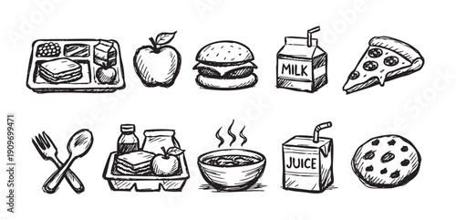Whimsical hand-drawn illustration depicting school lunch elements: tray, apple, burger, juice, pizza, soup, cookie. Ideal for education, nutrition, or retro design projects.