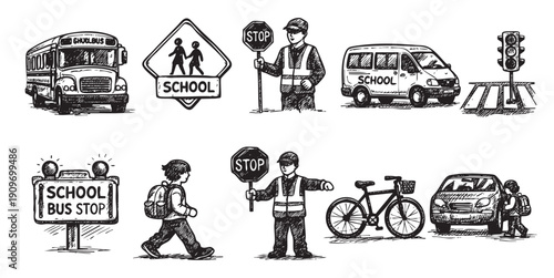 A detailed hand-drawn illustration featuring school transportation and safety elements, including a school bus, crossing guard, traffic signs, student, and bicycle.